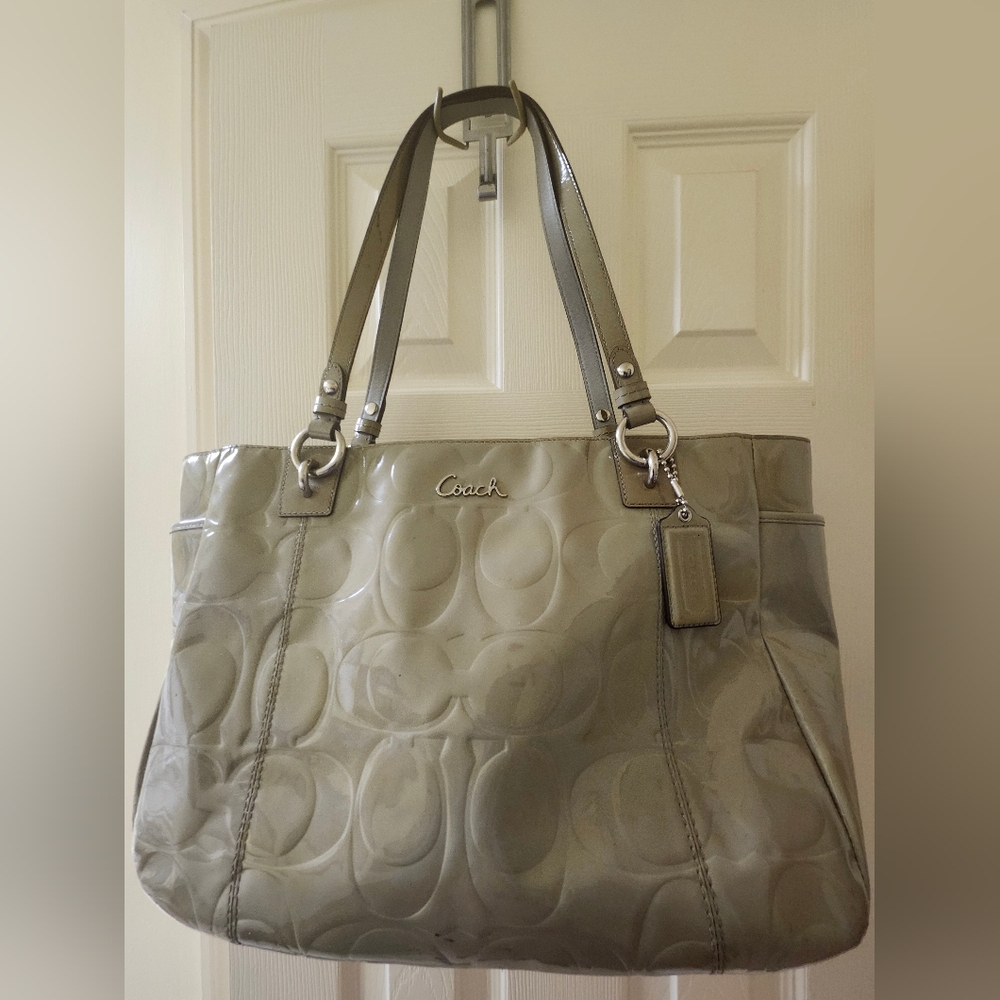 Coach Olive Green Signature Embossed Patent Leather Tote Bag